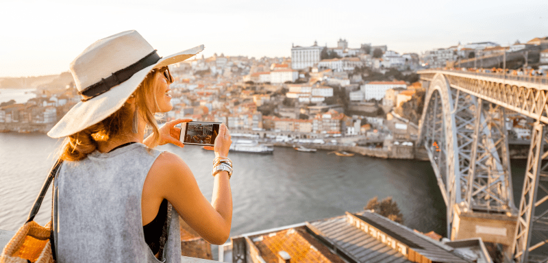 Traveler woman taking photo in tourist destination.